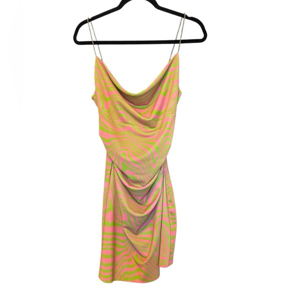 Maisie Wilen Printed Green Pink Stretch Mesh Mini Dress Size Small - Picture 3 of 8